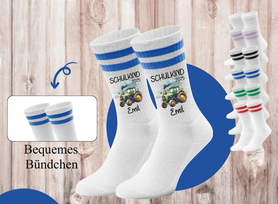Kindersocken Einschulung Traktor – 100 % Baumwolle Größe 27–36 Unisex - CreativMade
