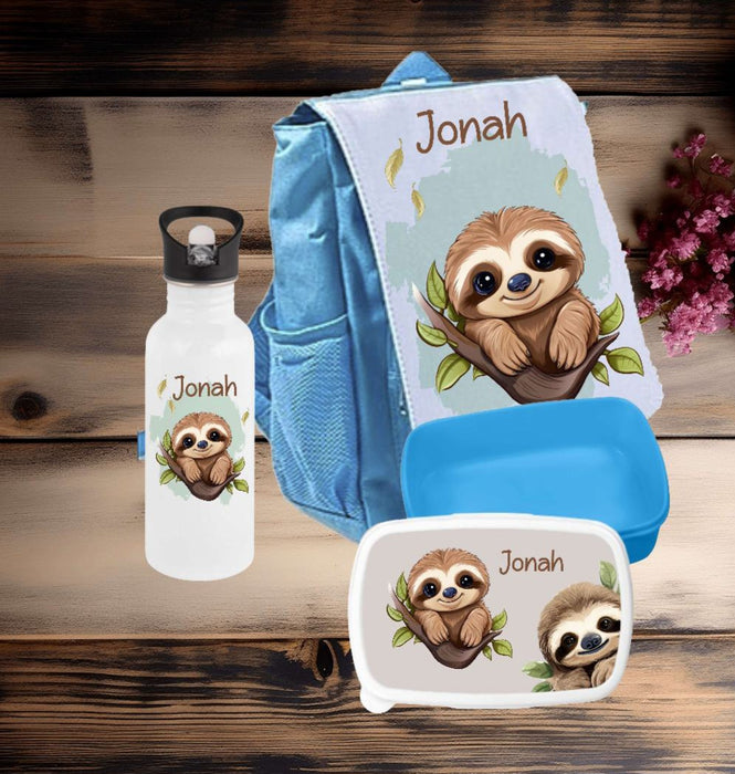 Set Brotdose Trinkflasche und Rucksack personalisiert mit Namen Faultier Kinder Edelstahl Flasche Kita Kindergarten Kinderrucksack