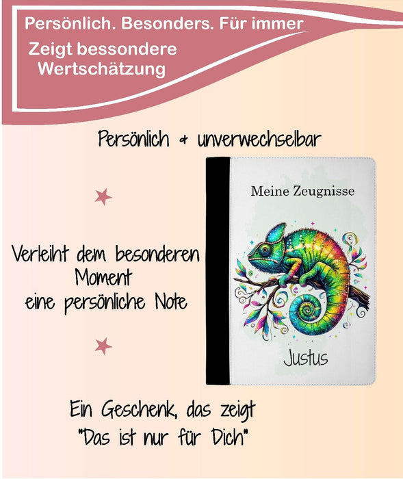 Personalisierte Zeugnismappe mit Namen Chamäleon – Mappe für Schulzeugnisse A4 | Geschenk zur Einschulung - CreativMade
