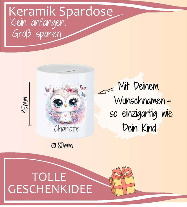 Personalisierte Kinderspardose mit Namen Eule – Keramik Spardose zur Einschulung, Geburt oder Taufe - CreativMade 