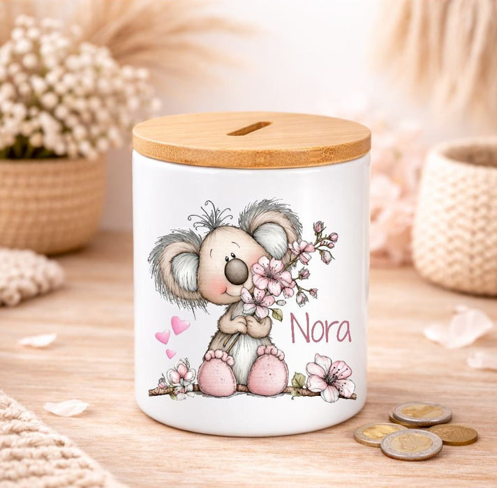 Kinder Spardose mit Name Tier-Motiv – Personalisierte Spardose für Kinder Keramik mit Bambusdeckel
