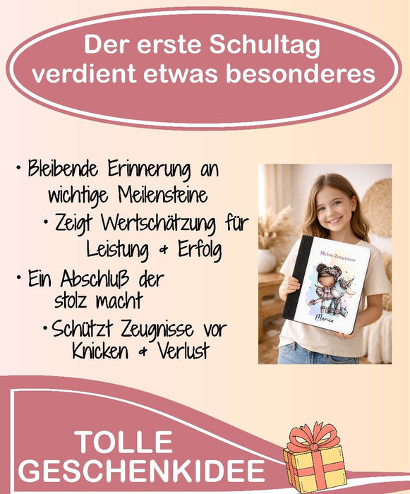 Personalisierte Zeugnismappe mit Namen Einhorn  – Mappe für Schulzeugnisse A4 | Geschenk zur Einschulung Mädchen - CreativMade 