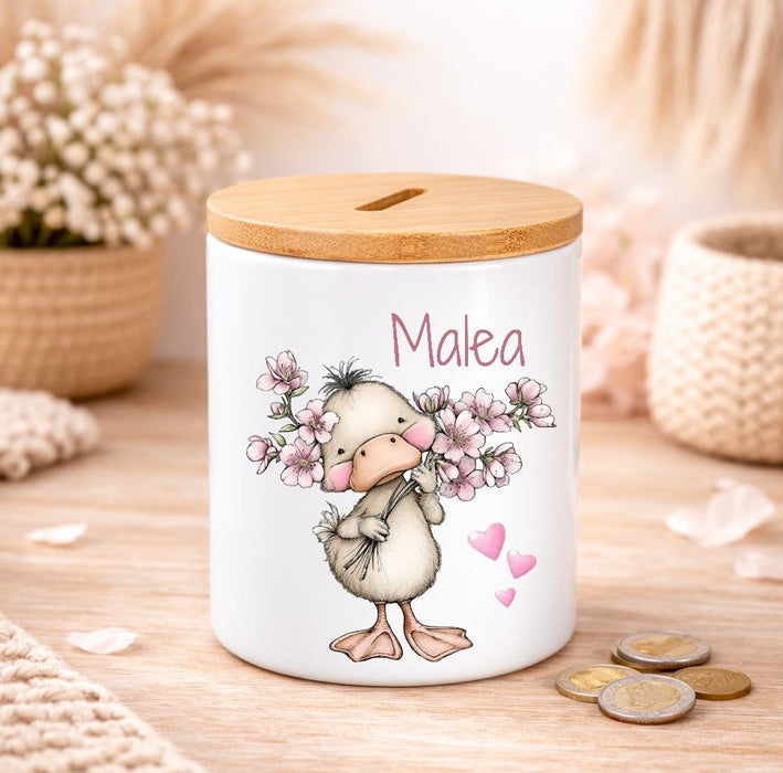Kinder Spardose mit Name Tier-Motiv – Personalisierte Spardose für Kinder Keramik mit Bambusdeckel