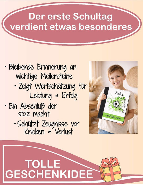 Personalisierte Zeugnismappe mit Namen Fußball – Mappe für Schulzeugnisse A4 | Geschenk zur Einschulung Jungen - CreativMade