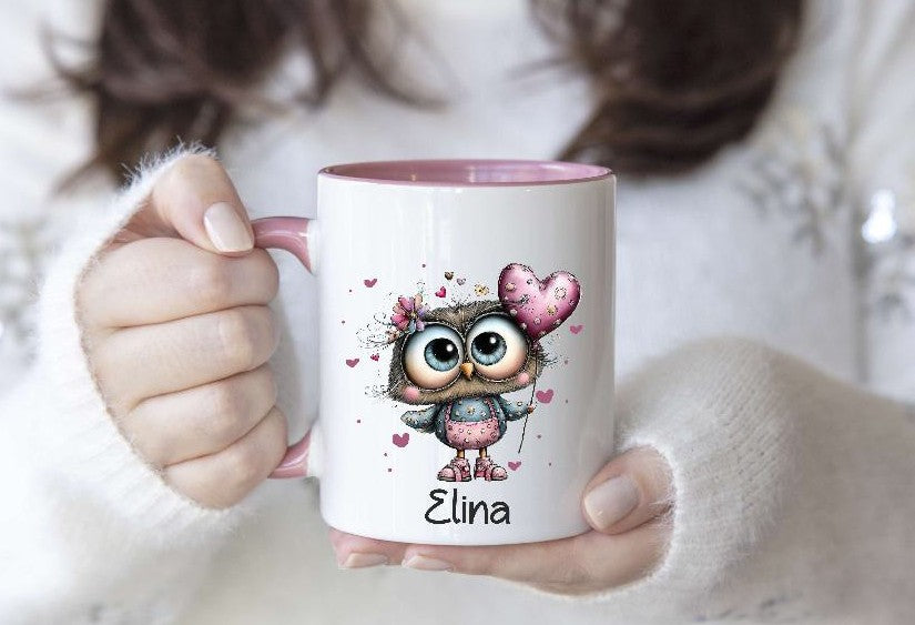 Kindertasse personalisiert mit Namen Eule Mädchen Emaille Keramik Kunststoff Geschenk - CreativMade 