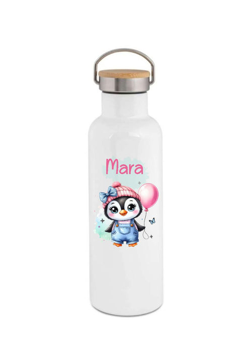 Personalisierte Kinder Trinkflasche mit Namen Pinguin – Edelstahl Thermosflasche auslaufsicher für Kindergarten & Schule - CreativMade
