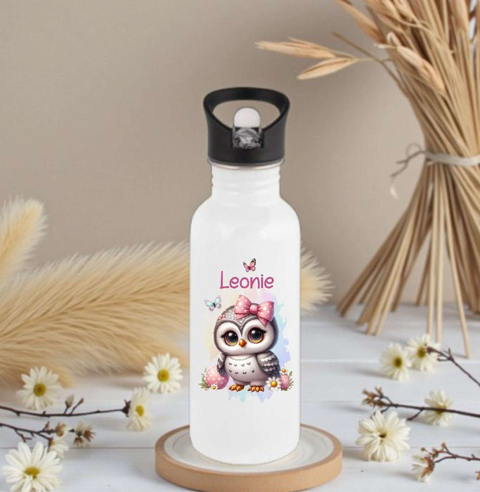 Personalisierte Trinkflasche Kinder Eule -  Edelstahl Trinkflasche mit Name - Strohhalm Geschenk Einschulung Geburtstag - CreativMade 