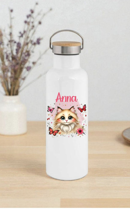 Personalisierte Kinder Trinkflasche mit Namen Katze – Edelstahl Thermosflasche auslaufsicher für Kindergarten & Schule - CreativMade