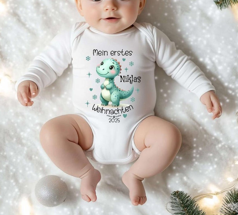 Mein erstes Weihnachten Baby-Body Dinosaurier Jungen – personalisiert Weihnachtsoutfit aus Baumwolle (0–18 Monate) Strampler - CreativMade 
