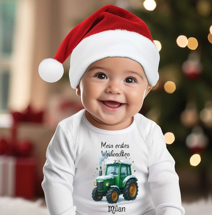 Mein erstes Weihnachten Baby-Body Traktor Jungen – personalisiert Weihnachtsoutfit aus Baumwolle (0–18 Monate) Strampler - CreativMade 