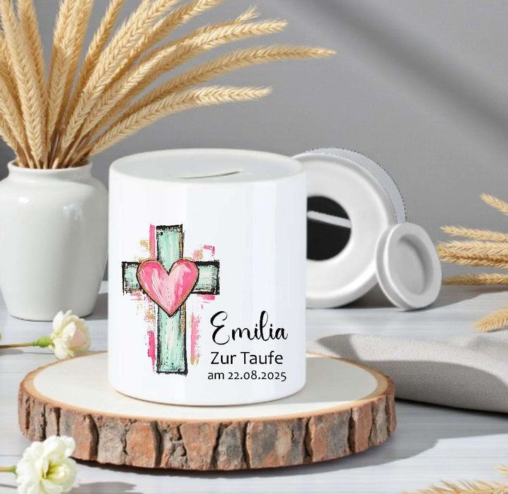Personalisierte Taufspardose aus Keramik – Kreuz - Spardose zur Taufe mit Namen - CreativMade