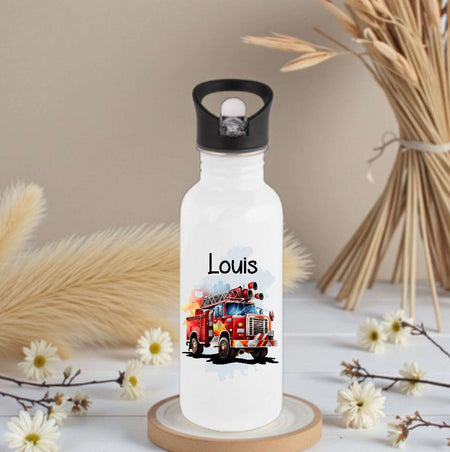 Personalisierte Trinkflasche Kinder Feuerwehrauto -  Edelstahl Trinkflasche mit Name - Strohhalm Geschenk Einschulung Geburtstag - CreativMade 