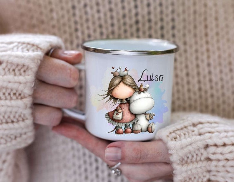 Kindertasse personalisiert mit Namen Einhorn Mädchen Emaille Keramik Kunststoff Geschenk - CreativMade 