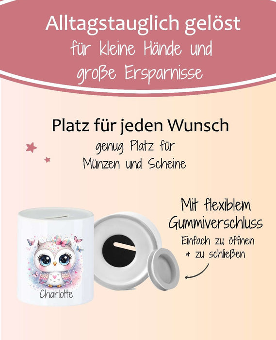 Personalisierte Kinderspardose mit Namen Eule – Keramik Spardose zur Einschulung, Geburt oder Taufe - CreativMade 