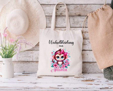 Wechselkleidung Kita Tasche Affe personalisiert mit Name Mädchen Kindergarten Wechselwäsche Beutel - CreativMade 