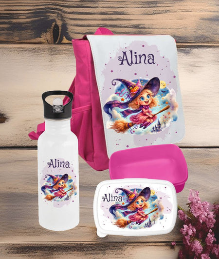 Set Brotdose Trinkflasche und Rucksack personalisiert mit Namen Hexe Kinder Edelstahl Flasche Kita Kindergarten Kinderrucksack - CreativMade