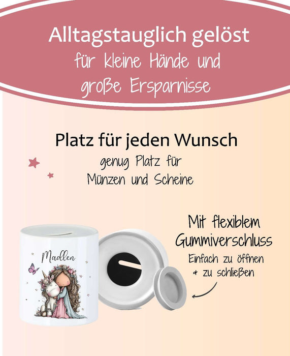Personalisierte Kinderspardose mit Namen Einhorn – Keramik Spardose zur Einschulung, Geburt oder Taufe - CreativMade 