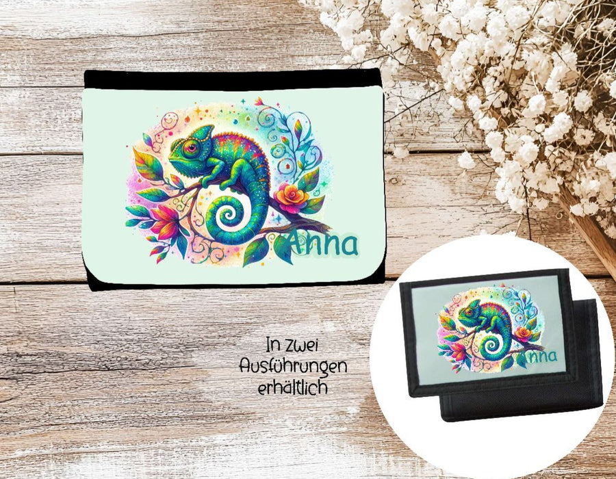 Kinder Geldbeutel personalisiert Chamäleon – Geldbörse mit Namen Klettverschluss oder Reißverschluss Porte­mon­naie - CreativMade