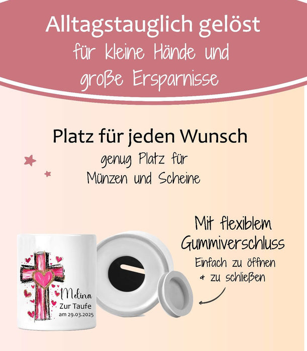 Personalisierte Taufspardose aus Keramik – Kreuz - Spardose zur Taufe mit Namen - CreativMade