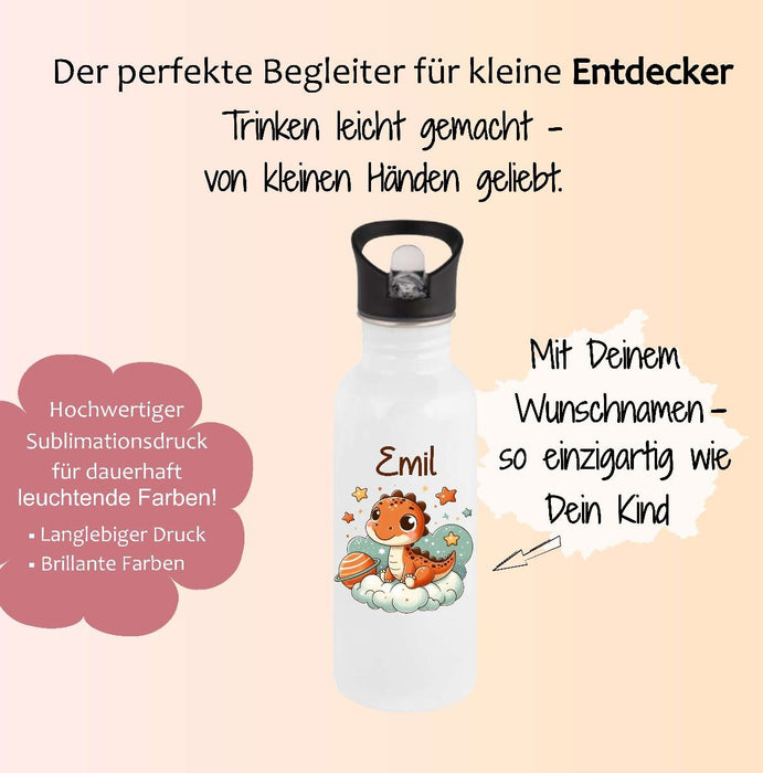 Personalisierte Trinkflasche Kinder Dinosaurier -  Edelstahl Trinkflasche mit Name - Strohhalm Geschenk Einschulung Geburtstag - CreativMade 
