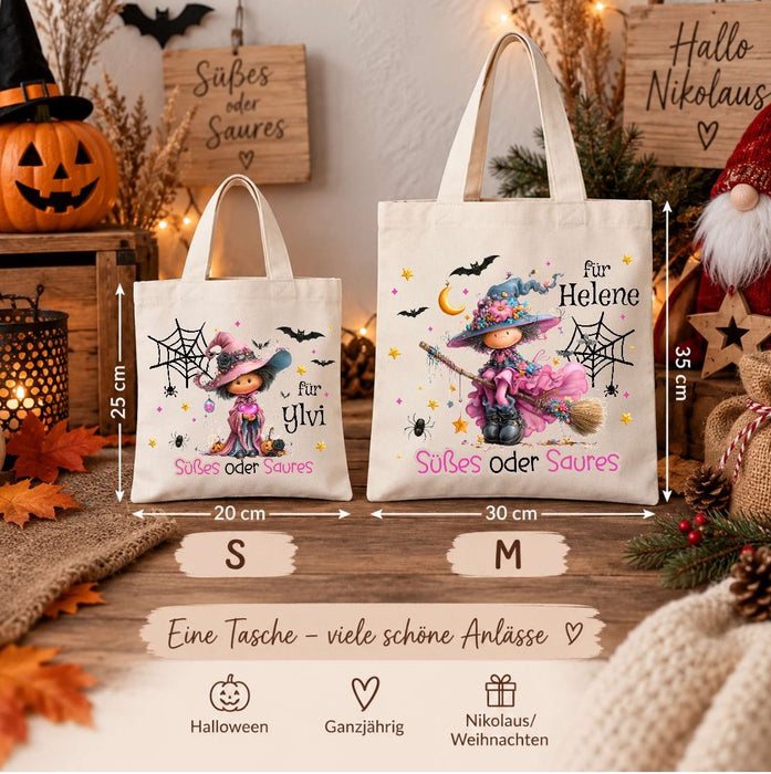 Halloween Beutel personalisiert mit Namen Hexe Mädchen Süßigkeiten Tasche