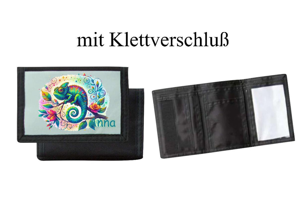 Kinder Geldbeutel personalisiert Chamäleon – Geldbörse mit Namen Klettverschluss oder Reißverschluss Porte­mon­naie - CreativMade