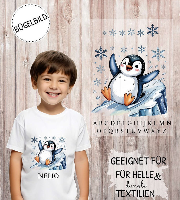 Bügelbild Kinder Pinguin Weihnachten Textilaufbügler DIY Projekt Applikation hochwertiger DTF Ausdruck XL - CreativMade 