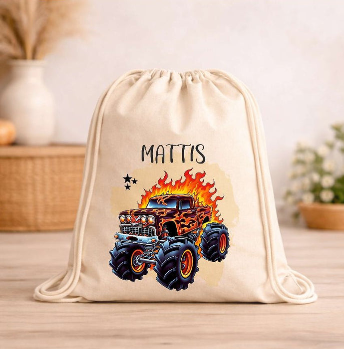Kinder Turnbeutel mit Namen personalisiert – Monstertruck Sportbeutel für Kindergarten, Schule und Schwimmen - CreativMade 