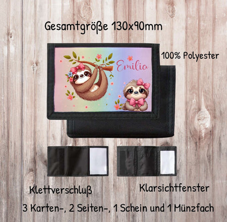 Kinder Geldbeutel personalisiert Faultier – Geldbörse mit Namen Klettverschluss Porte­mon­naie - CreativMade