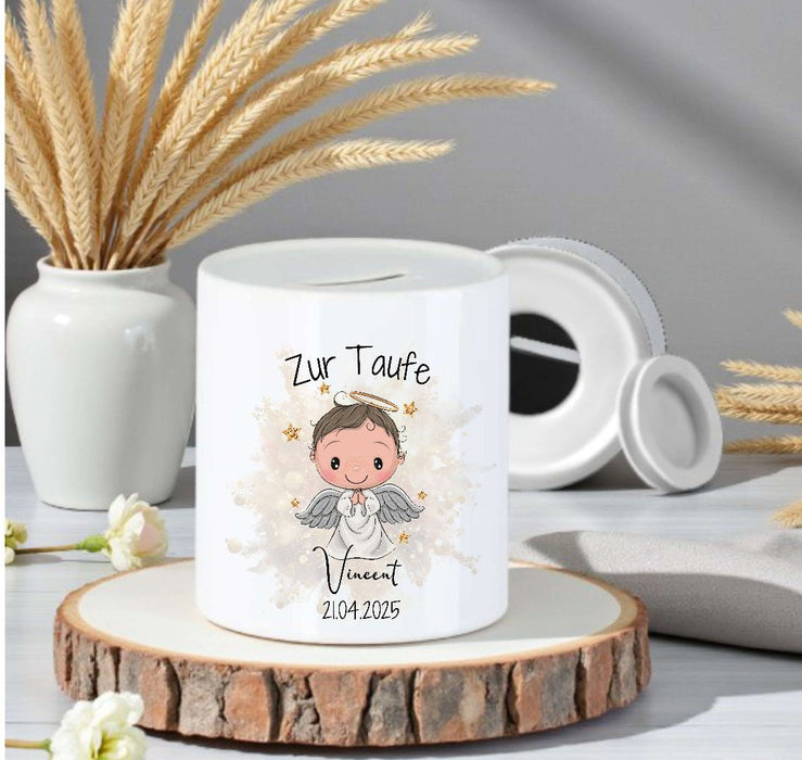 Personalisierte Taufspardose aus Keramik – Engel Mädchen - Spardose zur Taufe mit Namen - CreativMade