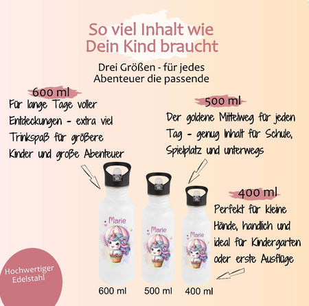 Personalisierte Trinkflasche Kinder Einhorn -  Edelstahl Trinkflasche mit Name - Strohhalm Geschenk Einschulung Geburtstag - CreativMade 