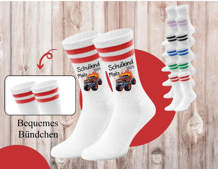 Kindersocken Einschulung Monstertruck – 100 % Baumwolle Größe 27–36 Unisex - CreativMade