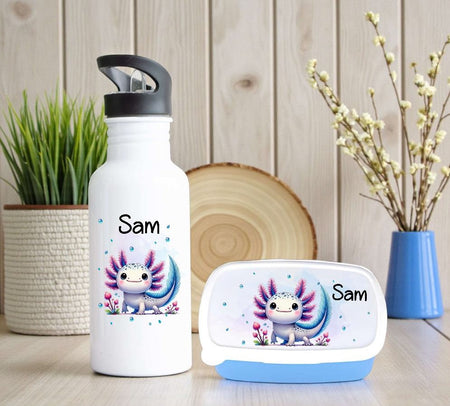 Brotdose & Trinkflasche personalisiert - Axolotl - Kinder Set mit Namen Edelstahl Trinkflasche - CreativMade 