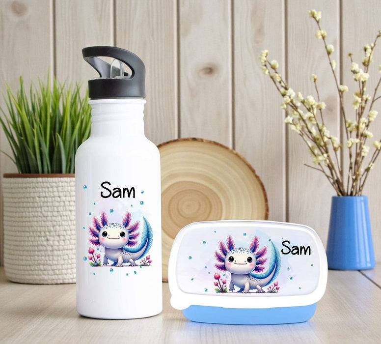 Brotdose & Trinkflasche personalisiert - Axolotl - Kinder Set mit Namen Edelstahl Trinkflasche - CreativMade 