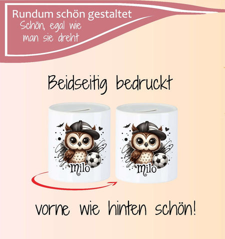 Personalisierte Kinderspardose mit Namen Eule Fußball – Keramik Spardose zur Einschulung, Geburt oder Taufe - CreativMade