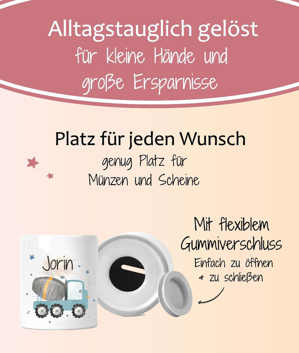 Personalisierte Kinderspardose mit Namen Radlader – Keramik Spardose zur Einschulung, Geburt oder Taufe - CreativMade