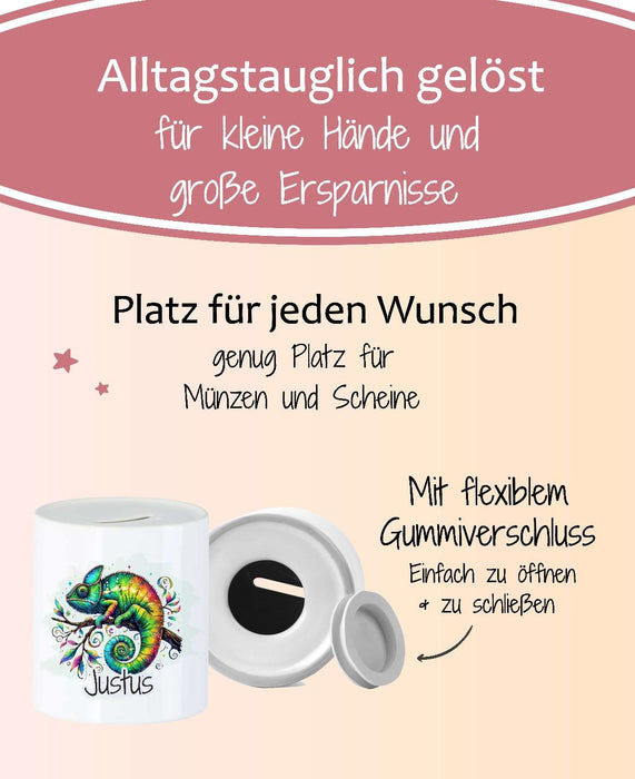 Personalisierte Kinderspardose mit Namen Chamäleon – Keramik Spardose zur Einschulung, Geburt oder Taufe - CreativMade