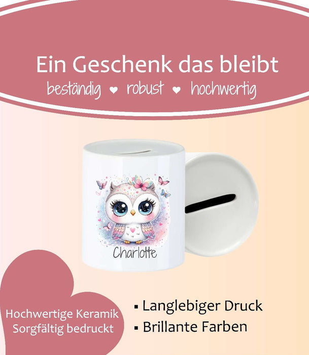 Personalisierte Kinderspardose mit Namen Eule – Keramik Spardose zur Einschulung, Geburt oder Taufe - CreativMade 
