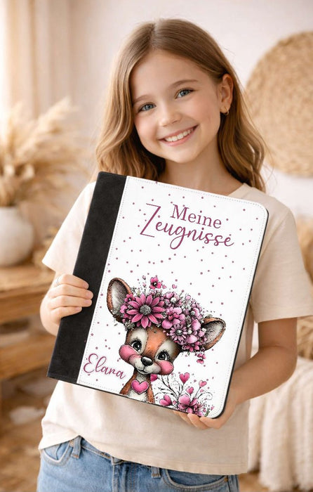 Personalisierte Zeugnismappe mit Namen Reh – Mappe für Schulzeugnisse A4 | Geschenk zur Einschulung Mädchen - CreativMade
