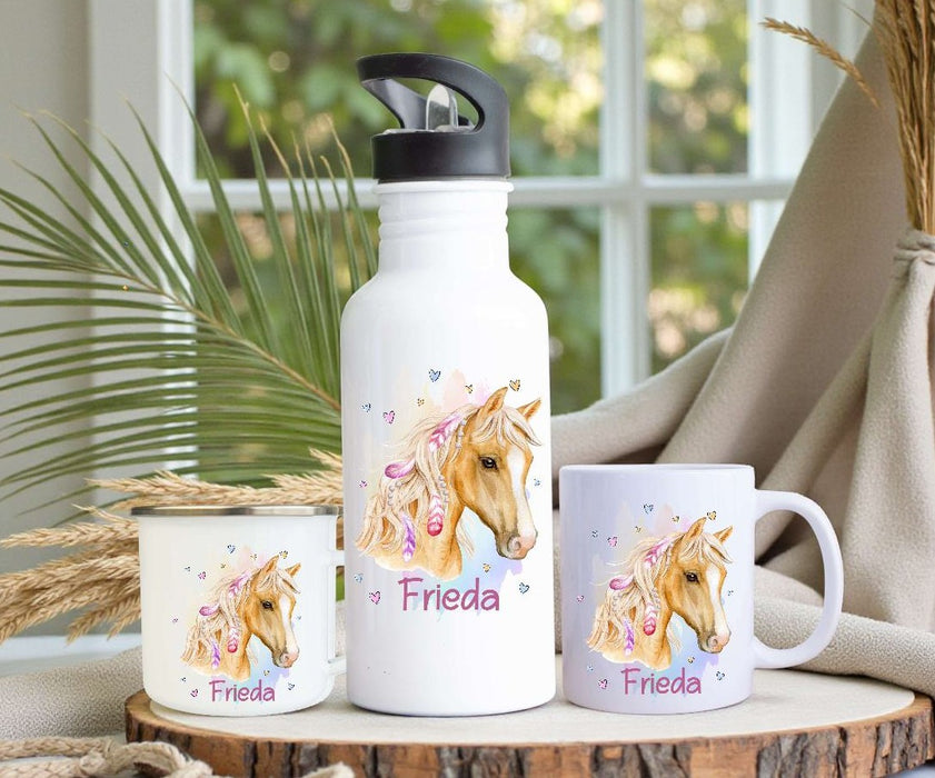 Personalisiertes Kinder Trinkflaschen- & Tassen-Set mit Namen Pferd – Edelstahl Trinkflasche 500 ml für Schule & Kindergarten - CreativMade