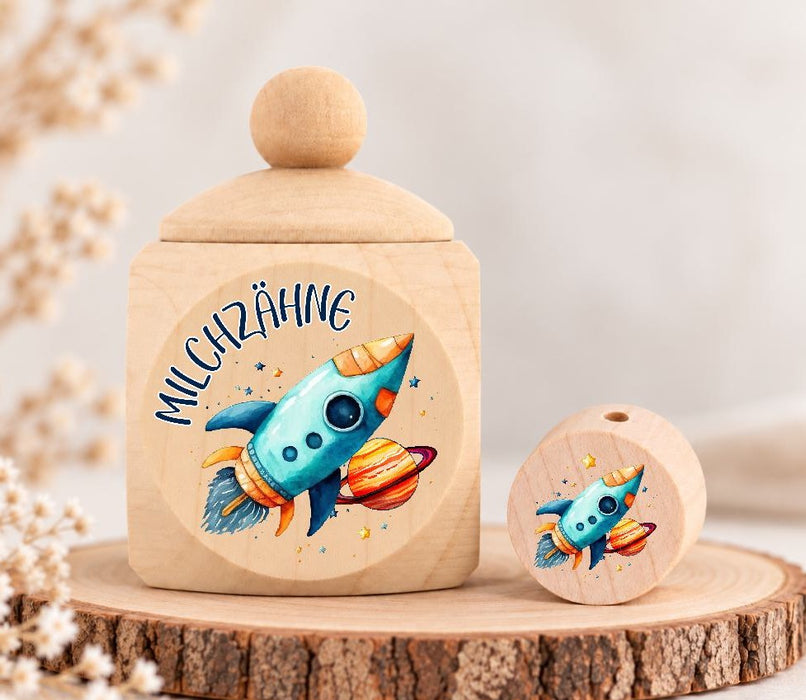 Milchzahndose Rakete Holz mit Motivscheibe | DIY & Kreativbedarf 6 x 4cm Zahndose | CreativMade .