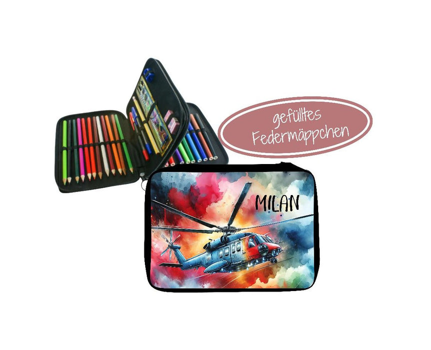 Personalisiertes Federmäppchen mit Name Hubschrauber Jungen Geschenk Einschulung Federmappe Federpenal - CreativMade