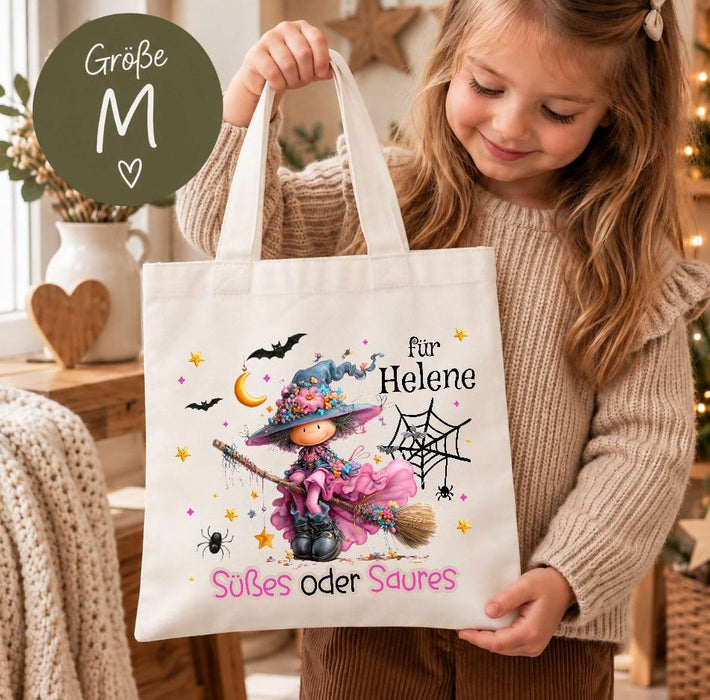 Halloween Beutel personalisiert mit Namen Hexe Mädchen Süßigkeiten Tasche