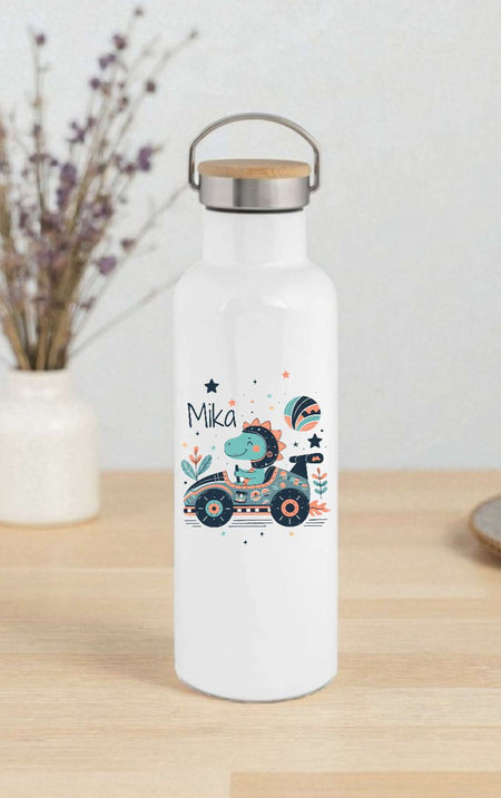 Personalisierte Kinder Trinkflasche mit Namen Dinosaurier Auto – Edelstahl Thermosflasche auslaufsicher für Kindergarten & Schule - CreativMade