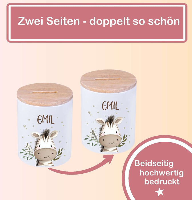 Kinder Spardose mit Name Löwe – Personalisierte Spardose für Kinder Keramik mit Bambusdeckel für Jungen oder Mädchen Waldtiere Safari Tiere Zootiere - CreativMade
