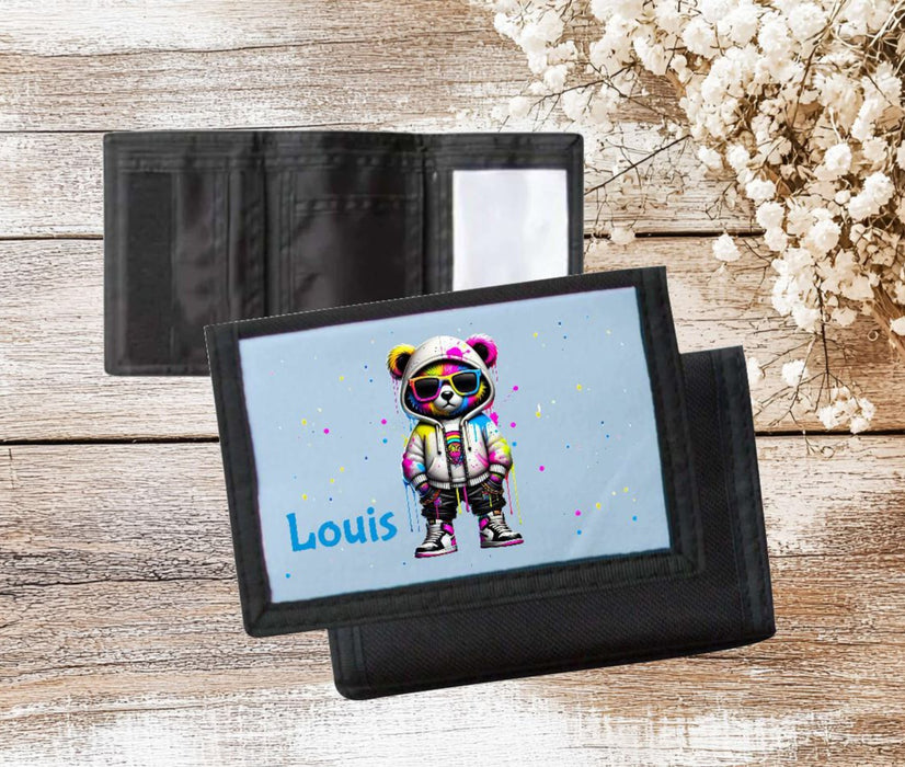 Kinder Geldbeutel personalisiert cooler Bär – Geldbörse mit Namen Klettverschluss Porte­mon­naie - CreativMade