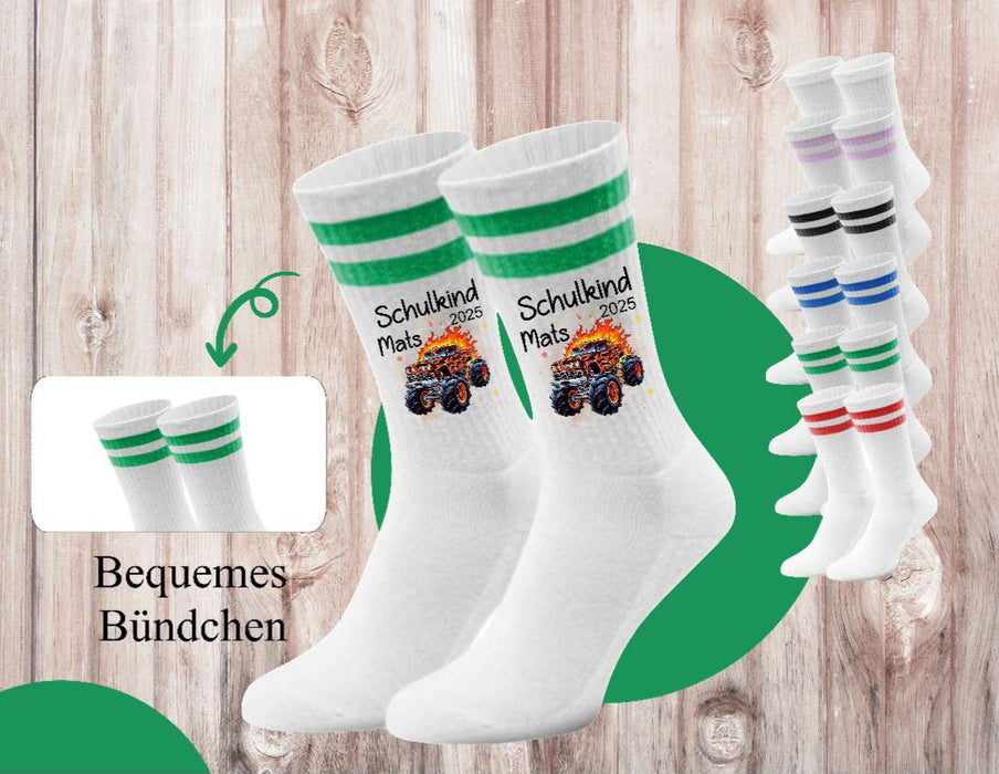Kindersocken Einschulung Monstertruck – 100 % Baumwolle Größe 27–36 Unisex - CreativMade