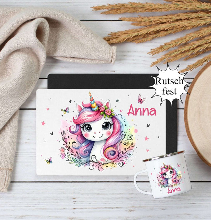 Kinder Tischset personalisiert mit Namen Einhorn - abwischbar und rutschfest Platzdeckchen Platzset Tischunterlage - personalisierte Tasse Emaille & Keramik - CreativMade 