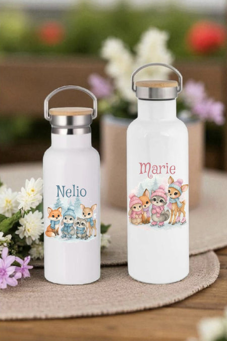 Personalisierte Kinder Trinkflasche mit Namen Waldtiere – Edelstahl Thermosflasche auslaufsicher für Kindergarten & Schule - CreativMade