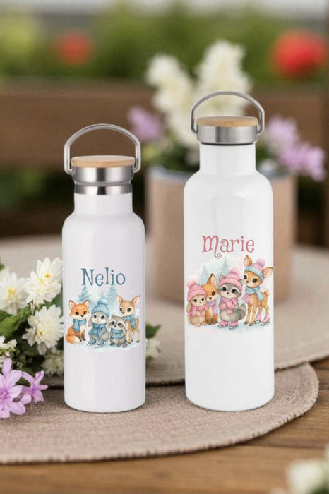 Personalisierte Kinder Trinkflasche mit Namen Waldtiere – Edelstahl Thermosflasche auslaufsicher für Kindergarten & Schule - CreativMade